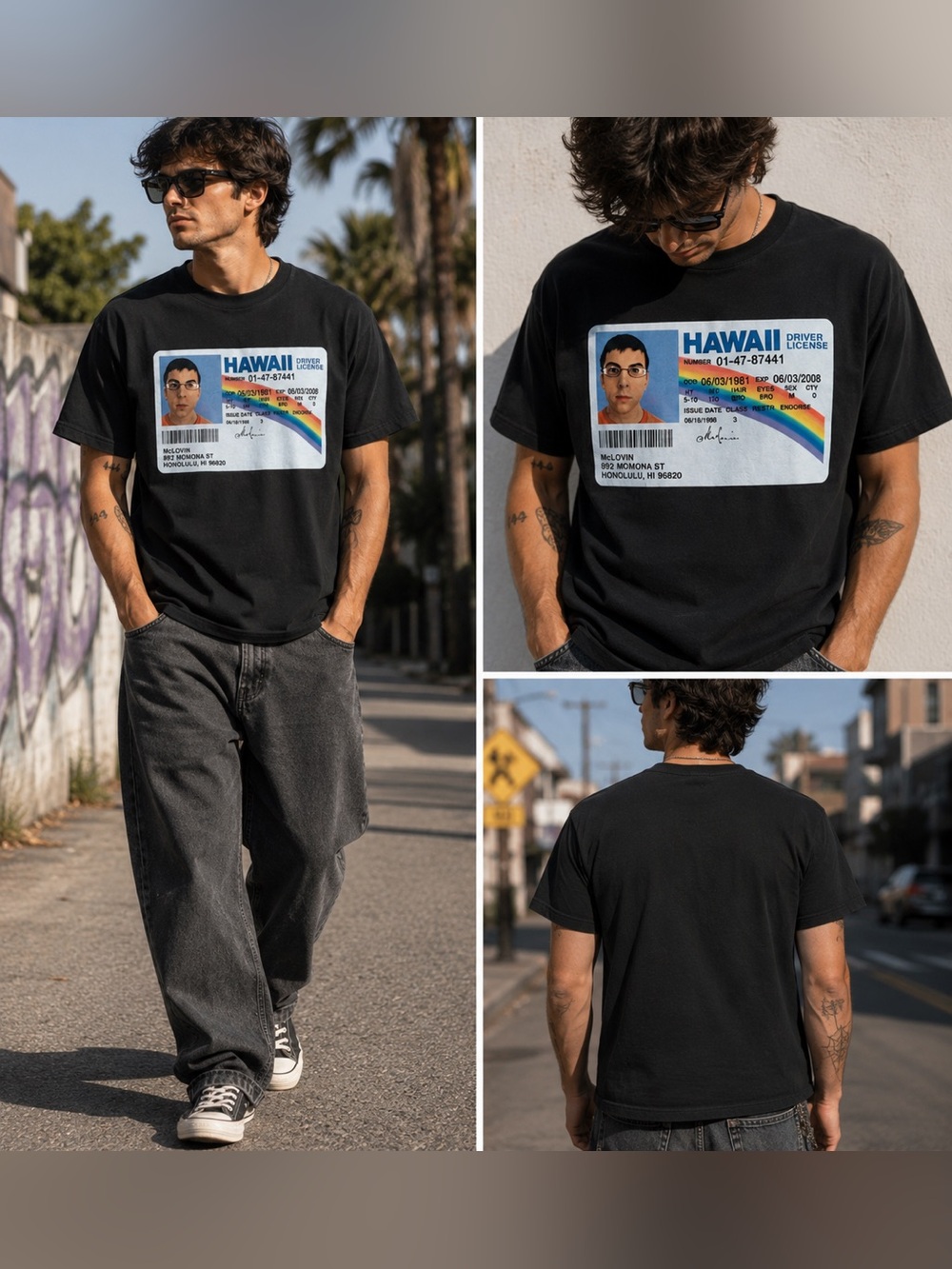 🏝️🍔McLovin Hawaii ID Superbad Movie Black Unisex T-Shirt 100% Cotton NWOT Size M